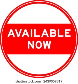 Red color round seal sticker in word available now on white background