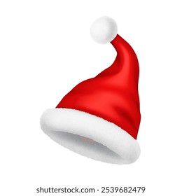 Red color Santa Claus hat with fur ball realistic vector illustration object. Magic Christmas season celebration 3d model on white background