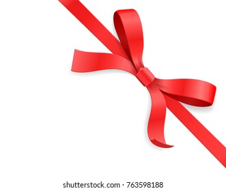 Red color satin bow knot and ribbon isolated on white background. Happy birthday, Christmas, New Year, Wedding, Valentine Day gift card or box package concept. Closeup Vector illustration 3d top view