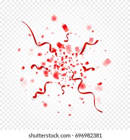 Red color scattered confetti and ribbons explosion. Carnival,holiday,event,birthday,anniversary,festival,fiesta and party design decor template on transparent background, vector illustration.