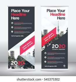 Esquema de color rojo con plantilla de diseño de resumen empresarial en segundo plano de ciudad.Diseño de pancarta de marca. Puede adaptarse a Folleto, Informe Anual, Revista, Afiche, Presentación Corporativa, Cartera, Volante, Sitio Web