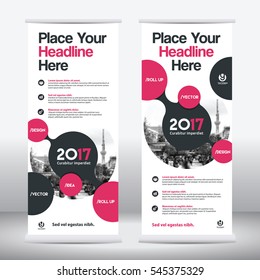 Red Color Scheme with City Background Business Roll Up Design Template.Flag Banner Design. Can be adapt to Brochure, Annual Report, Magazine,Poster, Corporate Presentation, Portfolio, Flyer, Website