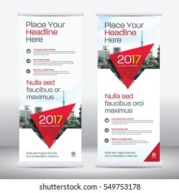 Red Color Scheme with City Background Business Roll Up Design Template.Flag Banner Design. Can be adapt to Brochure, Annual Report, Magazine,Poster, Corporate Presentation, Portfolio, Flyer, Website