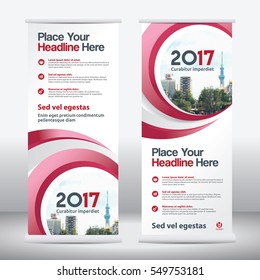 Red Color Scheme with City Background Business Roll Up Design Template.Flag Banner Design. Can be adapt to Brochure, Annual Report, Magazine,Poster, Corporate Presentation, Portfolio, Flyer, Website