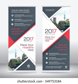 Red Color Scheme with City Background Business Roll Up Design Template.Flag Banner Design. Can be adapt to Brochure, Annual Report, Magazine,Poster, Corporate Presentation, Portfolio, Flyer, Website