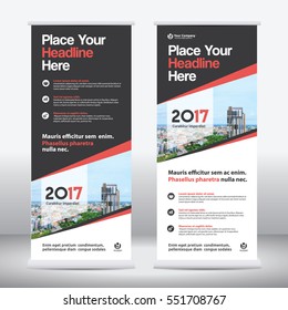Esquema de color rojo con plantilla de diseño de resumen empresarial en segundo plano de ciudad.Diseño de pancarta de marca. Puede adaptarse a Folleto, Informe Anual, Revista, Afiche, Presentación Corporativa, Cartera, Volante, Sitio Web