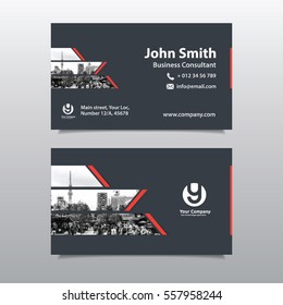 Red Color Scheme with City Background Business Card Design Template. Can be adapt to Brochure, Annual Report, Magazine,Poster, Corporate Presentation, Portfolio, Flyer, Website