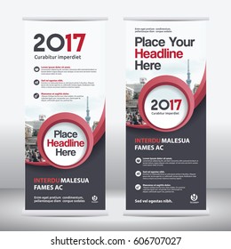 Red Color Scheme with City Background Business Roll Up Design Template.Flag Banner Design. Can be adapt to Brochure, Annual Report, Magazine,Poster, Corporate Presentation,Flyer, Website