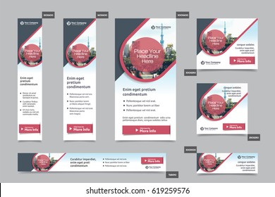 Red Color Scheme with City Background Corporate Web Banner Template in multiple sizes. Easy to adapt to Brochure, Annual Report, Magazine, Poster, Corporate Advertising media, Flyer, Website.