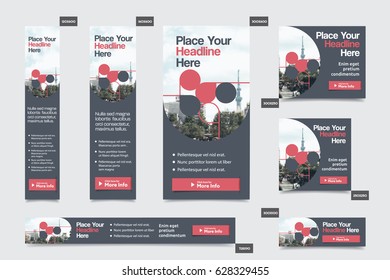 Red Color Scheme with City Background Corporate Web Banner Template in multiple sizes. Easy to adapt to Brochure, Annual Report, Magazine, Poster, Corporate Advertising media, Flyer, Website.