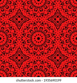 Red Color Seamless Pattern with mandala.Seamless Background design.Ornamental design.Floral pattern tiles.