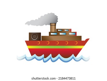 Red color ship travels through sea simple cartoon