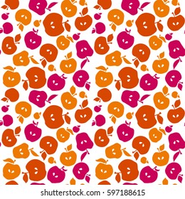 Red color simple flat apple fruit seamless pattern for fabric, kitchen supplies, wrapping paper. Repeatable surface design in naive retro inspired style
