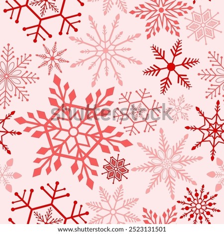 Red color of snowflake pattern, Christmas ormanent seamless pattern. Snowflakes Christmas background design for decoration on X'mas seasoning, web, wrapping, wallpaper, textile, fashion.