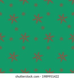 Red color snowflake patterns on green background, vector