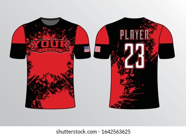 Red color splatter design covering front and back body of the shirt