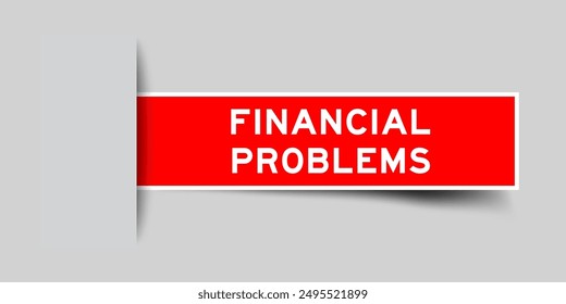 Roter farbiger quadratischer Etikettenaufkleber mit Wortfinanzproblem, der in grauem Hintergrund eingefügt wird