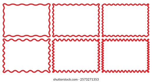 Red Color squiggle frames set. Zigzag wavy edges, retro frames, psychedelic rectangles, photo frames, mirror border. Vector groovy shapes set of wave borders