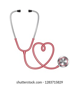 Red color stethoscopes icon, medical equipment for doctor, heart shape, vector illustration isolated on shite background