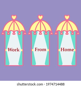 “Work From Home” red color text in the window on the purple background. Pastel color and minimal flat design.