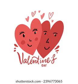 Red color two heart love sign and Valentine's day lettering phrase. Vector character illustration poster. Isolated on white background.