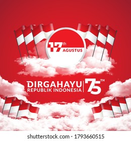 Red color vector flat design, illustration of flag on cloud. Concept of Indonesia's Independence Day 17 August.