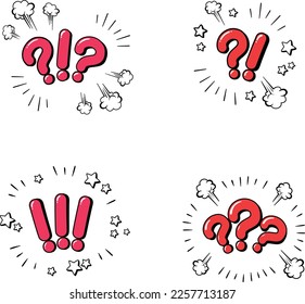 red color vector illustration of exclamations in comic style, question and exclamation with stars and steam