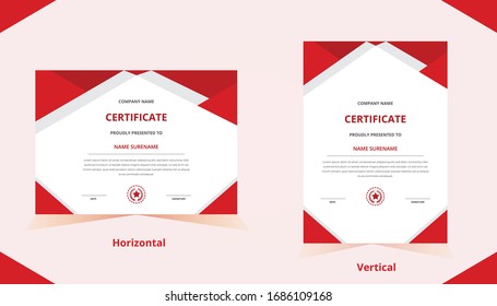 Red color vertical & horizontal certificate template with luxury badge and modern shape. For award and education