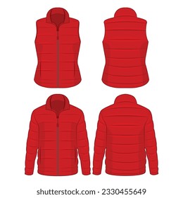 Red color winter down zipped jacket and vest set isolated vector on the white background