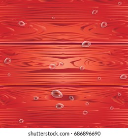 Red color wood texture pattern with water drops. Vector illustration. Wooden realistic background. Retro