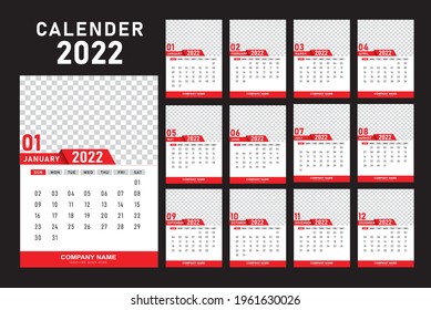 red Color Year 2022 calendar horizontal vector design template, simple and clean design. Calendar for 2022 on White Background for organization and business. Week Starts Sunday