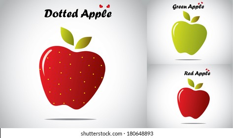 red color yellow dotted apple with green and red apples symbols. concept vector illustration of different realistic colorful apples with green leaves collection with bright white background