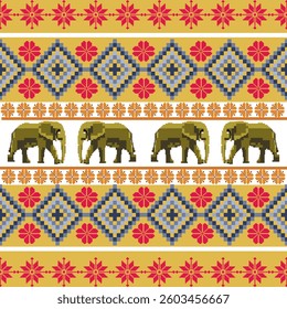 Red colored background with yellow Thai patterns