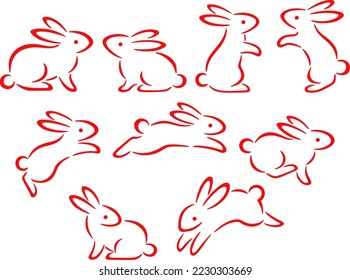 Red colored brush line drawing illustration set of rabbits in various poses