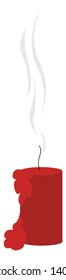 Red colored candle with melted wax and a doused flame, vector, color drawing or illustration. 