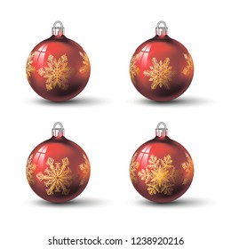 Red colored christmas balls with different snowflake ornament on it. Set of isolated realistic glass balls. Vector illustration for your design.
