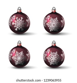 Red colored christmas balls with different snowflake ornament on it. Set of isolated realistic glass balls. Vector illustration for your design.