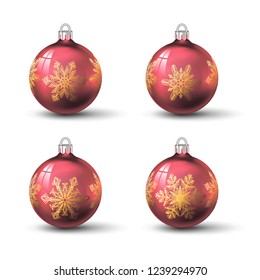 Red colored christmas balls with different snowflake ornament on it. Set of isolated realistic glass balls. Vector illustration for your design.