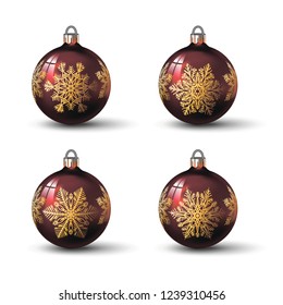 Red colored christmas balls with different snowflake ornament on it. Set of isolated realistic glass balls. Vector illustration for your design.
