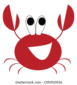 A red colored crayfish with big eyes  two sharp claws  and small tentacles is laughing while its eyes rolled up  vector  color drawing or illustration
