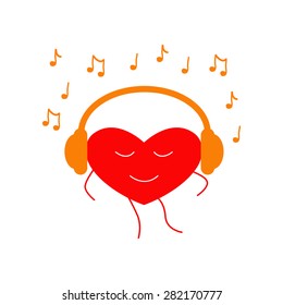 Red colored dancing heart with closed eyes and orange headphones on it and many notes around it isolated on white background. Music fan concept. Logo template, design element