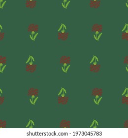 Red colored dandelion ornament seamless doodle pattern. Botanic artwork with green background. Great for fabric design, textile print, wrapping, cover. Vector illustration.