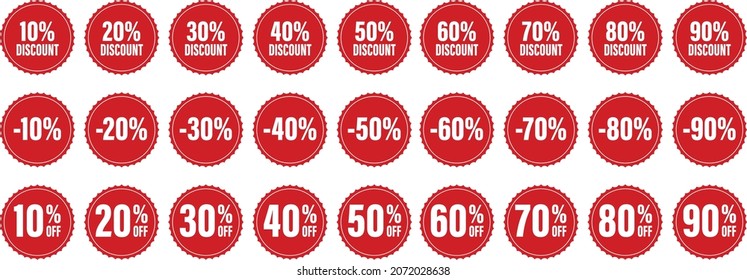 Red colored discount buttons - isolated background. 