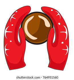 Red colored gloves with a white pattern, holding a mug. Isolated vector image on white background.