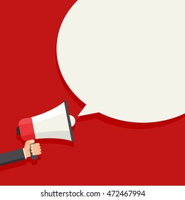 Red colored Hand holding megaphone with bubble speech. Motivational poster, banner, template. Flat design Vector Illustration