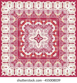 Red colored handkerchief with abstract pattern silk scarf or shawl. Bandana with colorful ornaments.