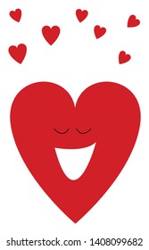  A red colored heart with two eyes and a big smile with lot of tiny hearts above it, vector, color drawing or illustration. 