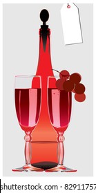 Red colored illustration of a bottle of wine, 2 wineglasses, and a branch of grapes with price tag in the background.