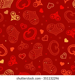 Red colored indian hand drawn Valentines day hearts, ornate vector seamless pattern background