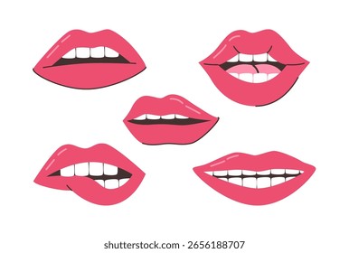 Lábios vermelhos mostrando dentes, falando, sussurrando e rindo. Conjunto isolado do vetor da boca com batom rosa. Glamour e mulher da moda parte do corpo. Maquiagem para meninas, olhar vintage